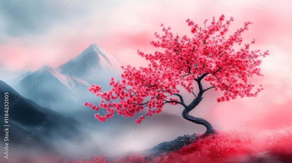 Serene Pink Blossom Tree, Misty Mountainscape; Tranquil beauty. Serene Pink Blossom Tree, Misty Mountainscape; Tranquil beauty.