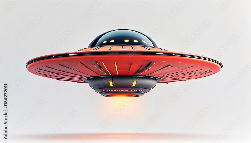 Red UFO hovering, white background, sci-fi design. Red UFO hovering, white background, sci-fi design.