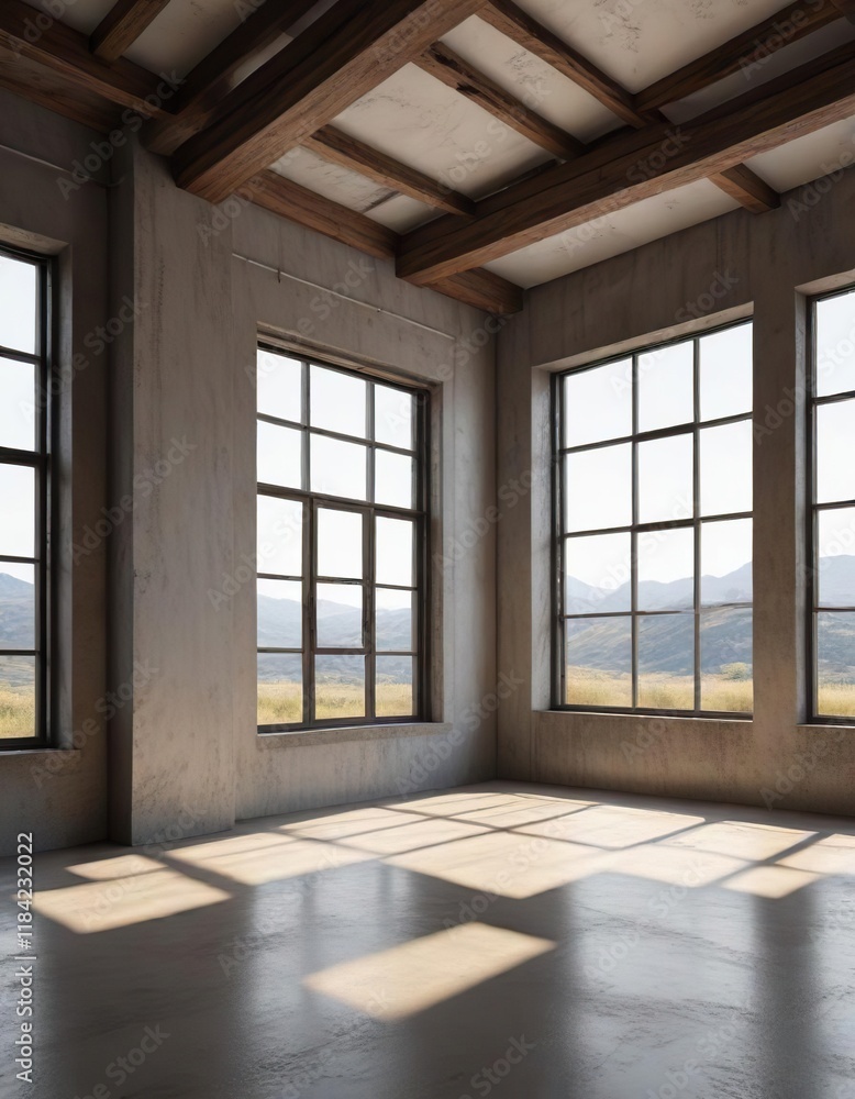 Fototapeta premium Studio windows framing the empty space and providing natural light for photography, soft light, studio windows