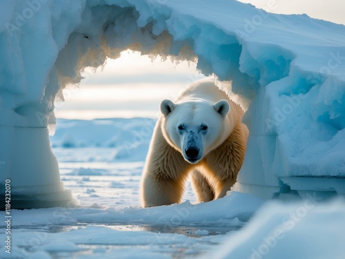 Polar bear emerging from hole in arctic ice. photo