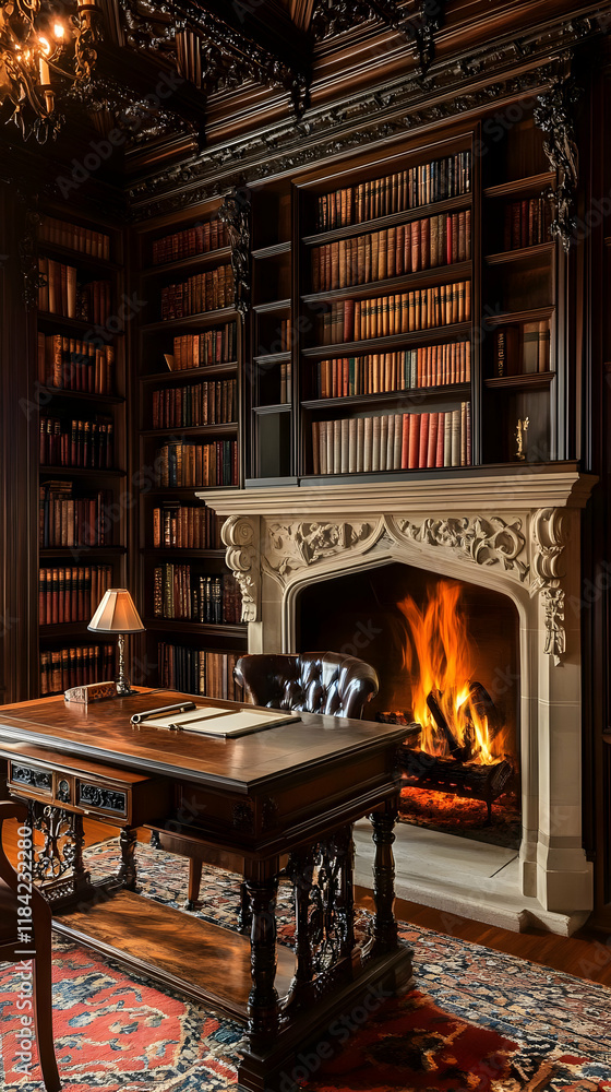 A cozy library with a fireplace, desk, and shelves filled with books. A cozy library with a fireplace, desk, and shelves filled with books.