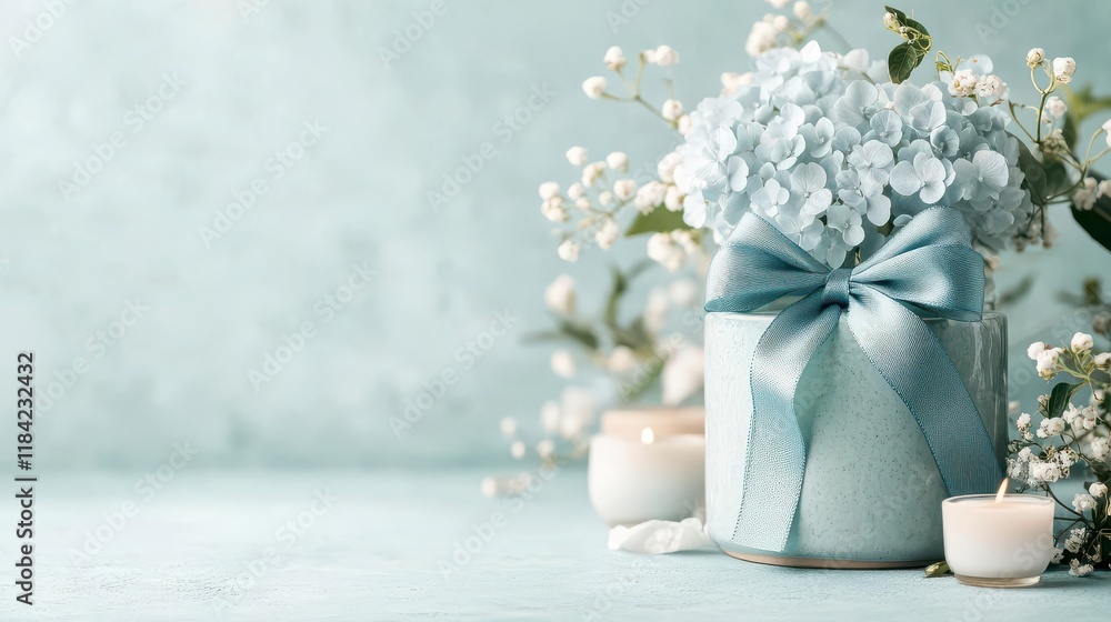 Obraz premium Tranquil Blue Hydrangeas in a Gift-Wrapped Vase