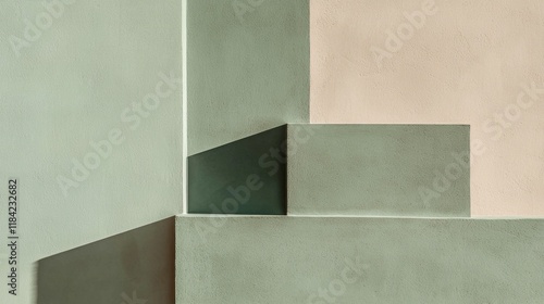 Interplay of abstract rectangles in soothing shades of Mocha Mousse and soft pastels creates a tranquil visual experience. The subtle shadows enhance the depth of the composition