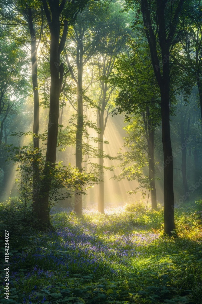 Obraz premium A misty, sunlit forest scene at dawn with tall, slender trees stretching into the sky