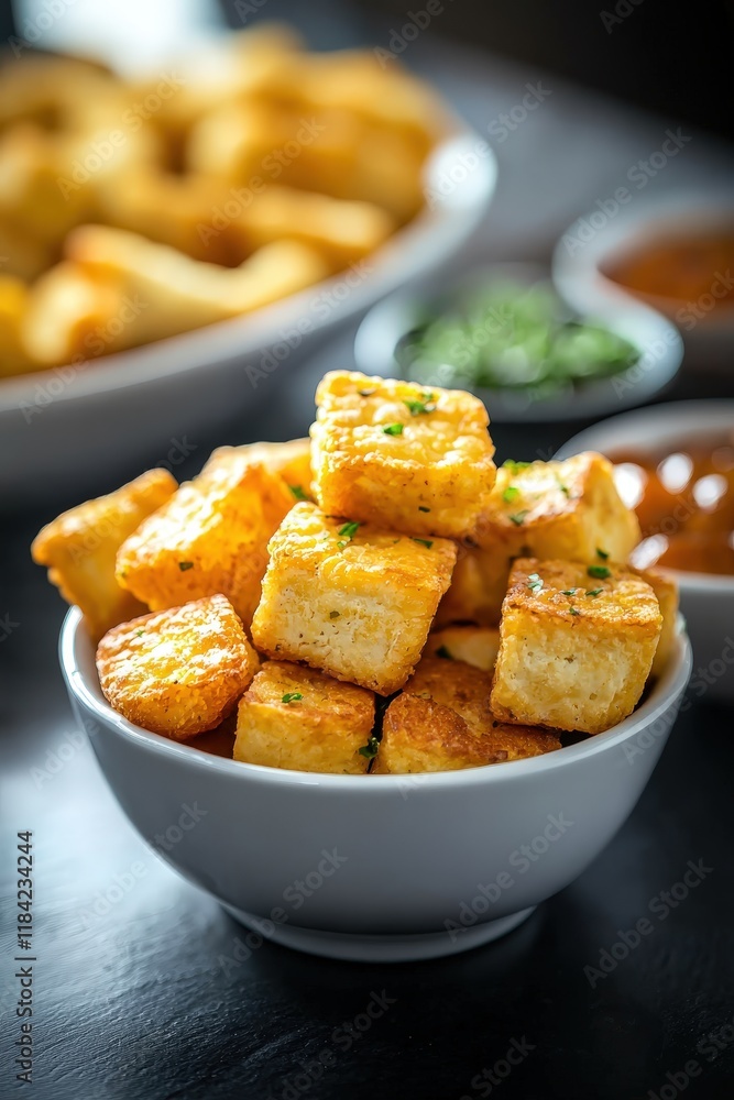 Crispy Deep Fried Tofu Cubes Served in a Bowl with Garnish, Showcasing Delicious Golden Brown Texture Perfect for Vegetarian Dishes and Appetizers Crispy Deep Fried Tofu Cubes Served in a Bowl with Garnish, Showcasing Delicious Golden Brown Texture Perfect for Vegetarian Dishes and Appetizers
