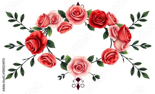 Wallpaper Mural Floral arrangement, red and pink roses, green leaves, symmetrical design, watercolor style, delicate petals, botanical illustration, white background, romantic composition, vintage-inspired, soft edge Torontodigital.ca