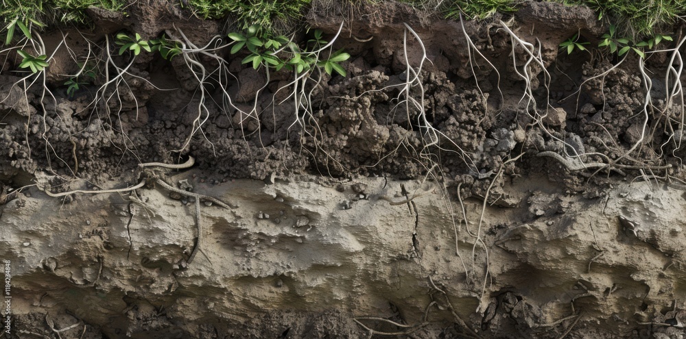 A Detailed Cross Section of Soil Layers Revealing intricate Root Systems and Soil Composition A Detailed Cross Section of Soil Layers Revealing intricate Root Systems and Soil Composition