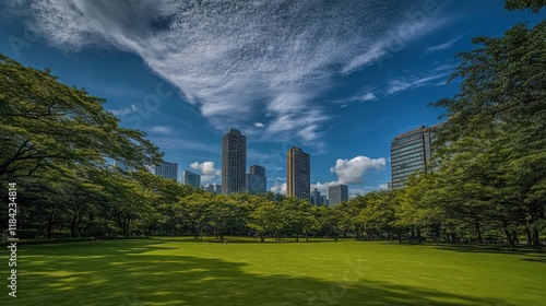 Urban Oasis in Business District with Skyscrapers