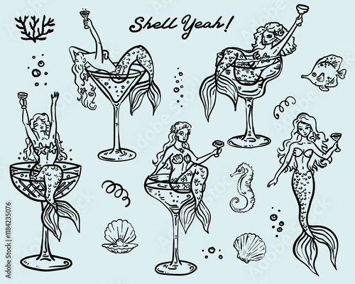 Mermaid Whimiscal Style hand drawn Party Elements Vector Set