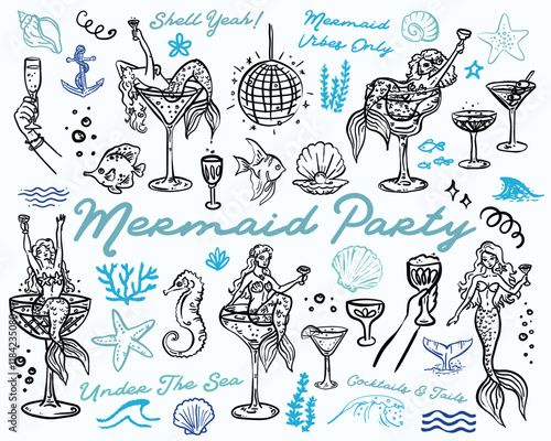 Whimsical style mermaid party hand drawn elements vector set