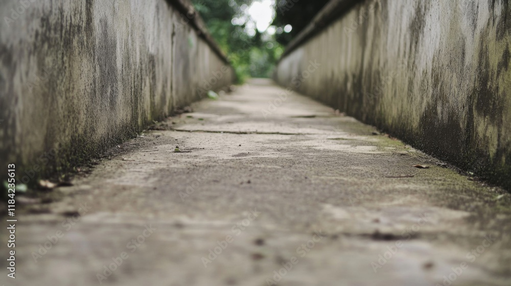 Obraz premium Narrow, aged concrete pathway between weathered walls, leading to greenery.