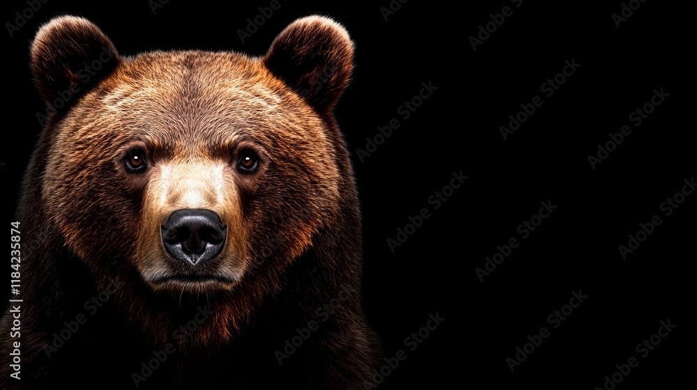 Majestic brown bear portrait against a dark background. Intense gaze and powerful presence. Majestic brown bear portrait against a dark background. Intense gaze and powerful presence.