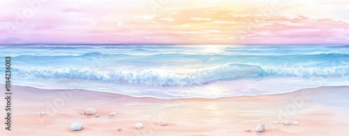 Watercolor-Themed Minimalist Art with Pastel Tones and Negative Space, Watercolor art, Minimalist design ,Pastel color palette, Negative space art Serene sunset over tranquil ocean waves