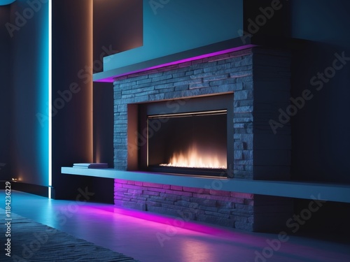 a stunning living room concept with fireplace with neon dark background at night photo