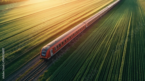 Winding Train Through Vibrant Green Fields at Sunset