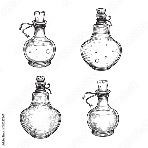 Witch potion sketch set. Poison, drug, decoction in hand drawn style. Magic bottled drinks. Vector illustrations collection.