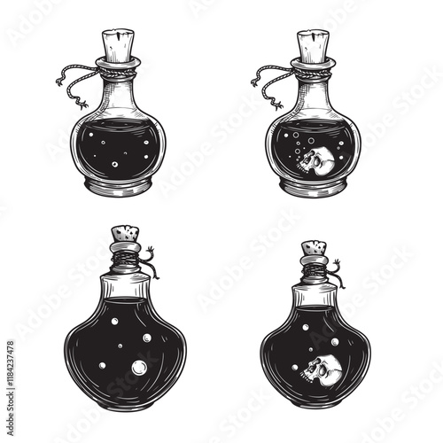 Witch potion sketch set. Poison, drug, decoction in hand drawn style. Magic bottled drinks. Vector illustrations collection.
