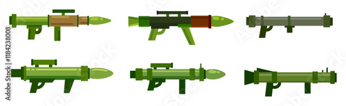 Bazooka gun. Rocket rpg launcher. War and battle element. Explosive missile handgun. Cannon or rifle weapon. Army anti tank bazooka equipment. Flat grenade military firearm