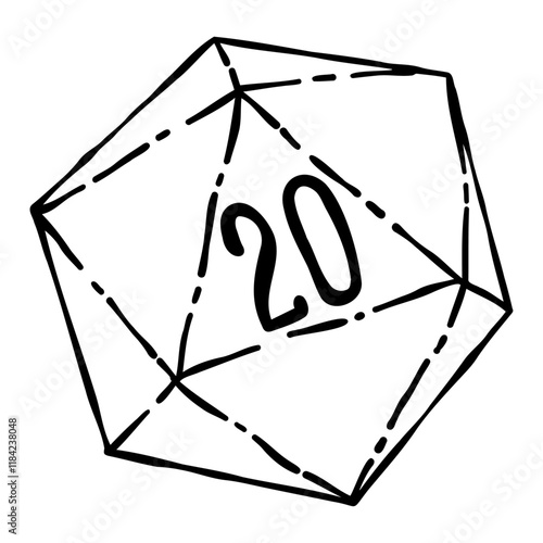 Fantasy tabletop icosahedron illustration in retro style. D20 dice for dnd board game.