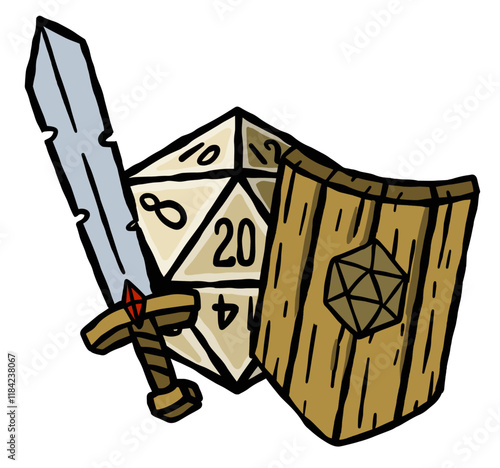 DND Dice with sword and shield. Rpg board game character. Fantasy icosahedron wargame. 20-sided tabletop icon, cartoon style on white background