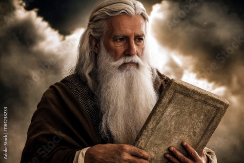 Moses is depicted as a wise and determined leader, embodying strength and authority.