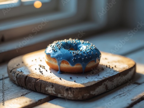 Sweet blueberry donut on a wooden board in natural light setting. photo