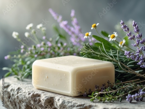 Natural Goat Milk Soap in Tranquil Setting Surrounded by Fresh Herbs and Lavender Blossoms photo