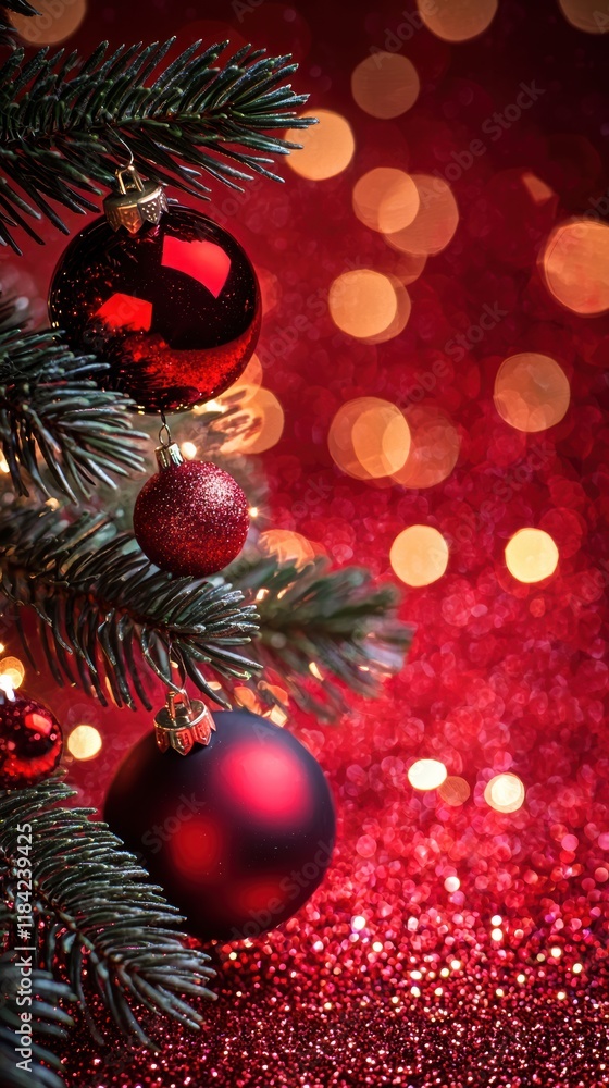 Festive christmas tree branch with baubles and twinkling lights Festive christmas tree branch with baubles and twinkling lights