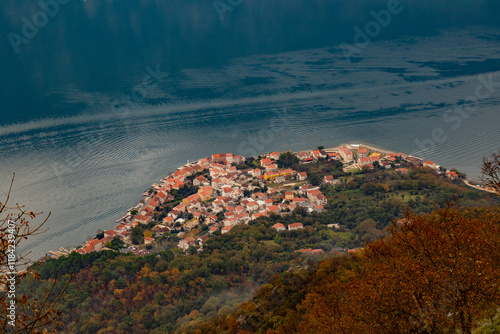 High angle view of Kotor Bay and old town from Lovcen mountain at autumn, Montenegro, shot on Sony A7III