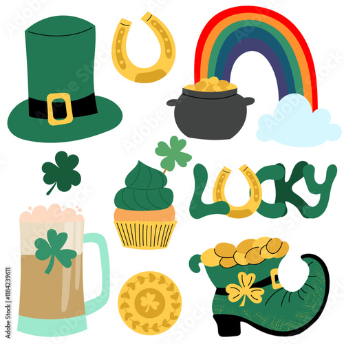 Set of symbols and elements for St. Patrick's Day. Lucky quote phrase, Pot with the golden coins, Leprechaun's boot. Ireland Feast day.