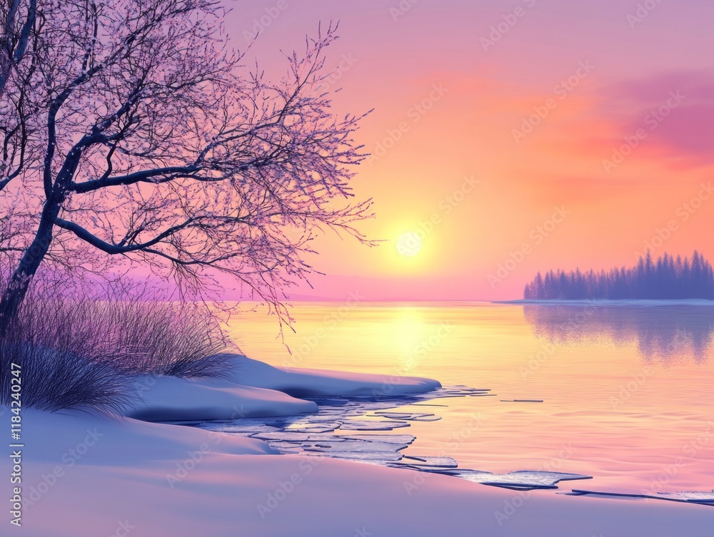 Naklejka premium Winter Sunset Over Frozen Lake With Bare Tree