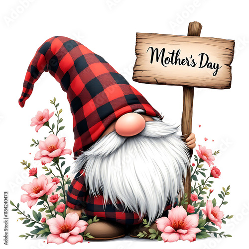 Adorable gnome in a red and black plaid hat for Mother's Day.