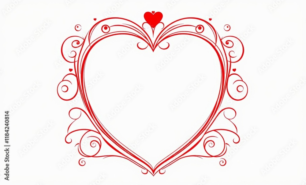 Heart-shaped frame, ornate scrollwork, delicate lines, red ink drawing, Valentine's Day design, romantic illustration, decorative border, swirling patterns, symmetrical artwork, white background, mini Heart-shaped frame, ornate scrollwork, delicate lines, red ink drawing, Valentine's Day design, romantic illustration, decorative border, swirling patterns, symmetrical artwork, white background, mini