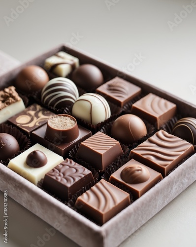 Assorted Gourmet Chocolate Truffles and Squares in Box. photo