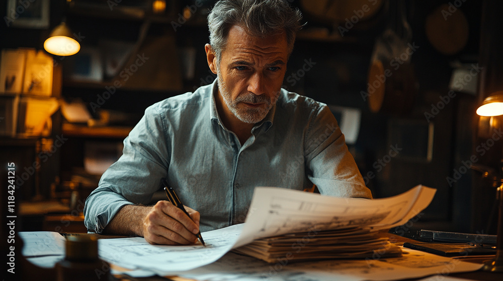 focused man reviews architectural plans at desk in dimly lit office focused man reviews architectural plans at desk in dimly lit office