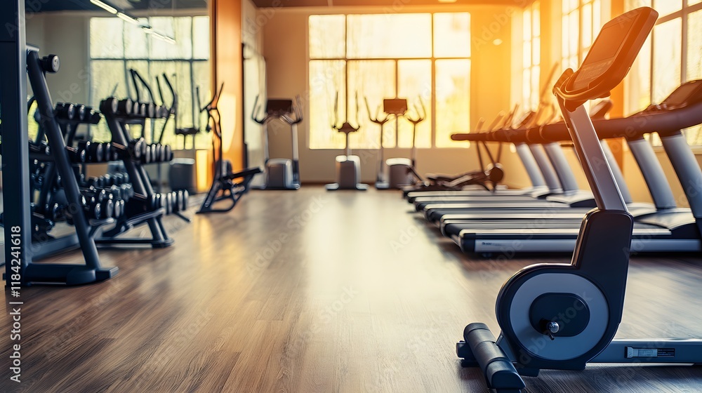 Fototapeta premium A modern interior gym room or fitness center provides a sleek and inviting backdrop for exercise and physical activity, with its clean lines, state-of-the-art equipment, and vibrant atmosphere