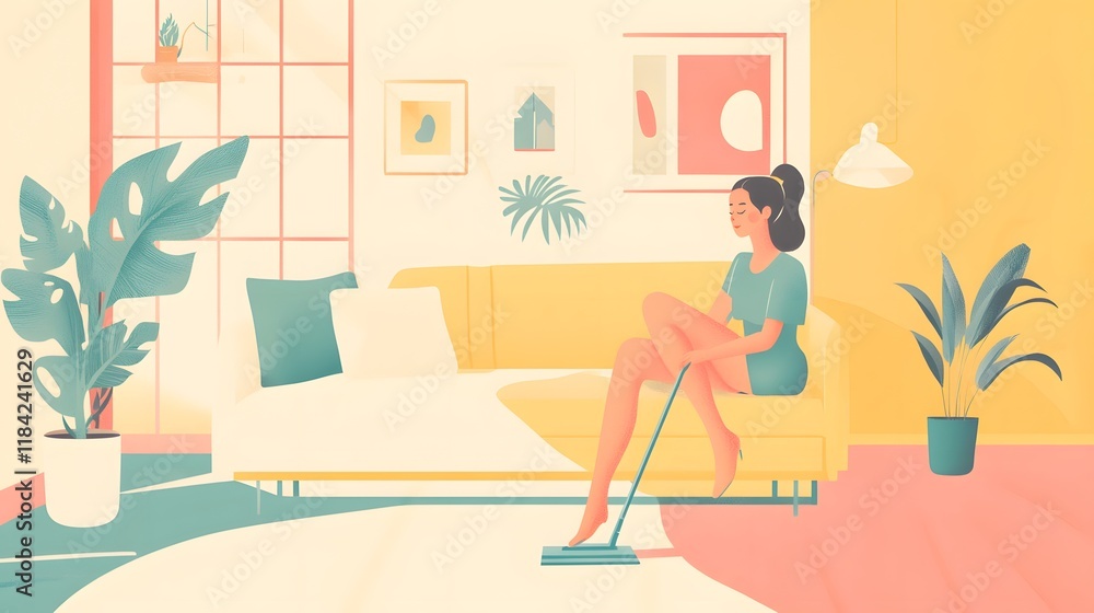 A flat vector illustration of an attractive woman mopping the floor in her living room, simple design A flat vector illustration of an attractive woman mopping the floor in her living room, simple design