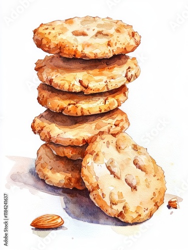 Delicious Watercolor Painting of Stacked Almond Cookies Sweet Treats Bakery Dessert