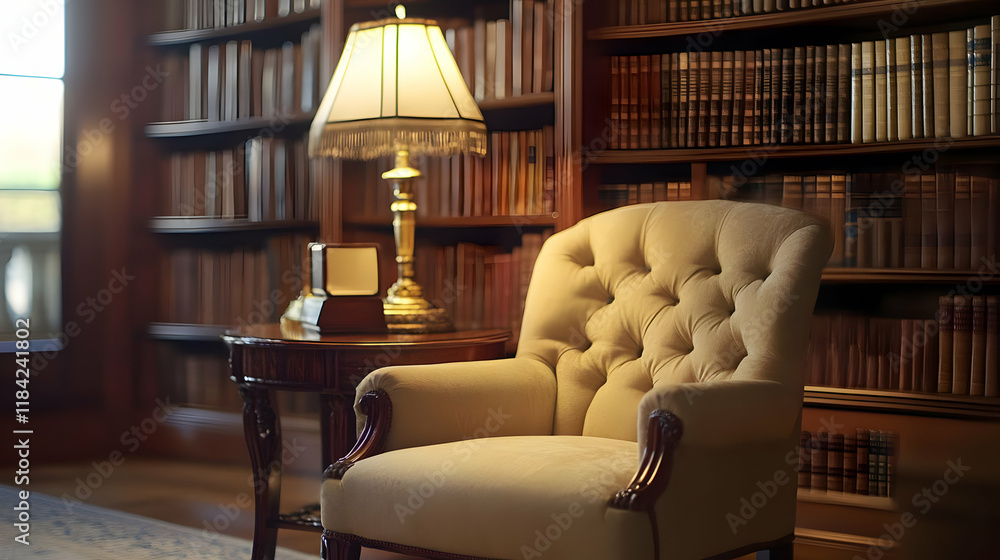 A cozy reading nook featuring a plush chair, lamp, and bookshelves filled with books. A cozy reading nook featuring a plush chair, lamp, and bookshelves filled with books.