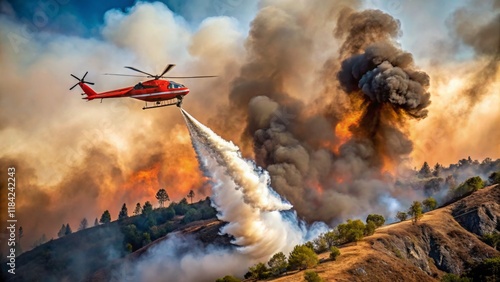 Helicopter Fighting Forest Fire with Aerial Water Drop photo