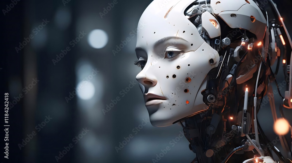 Female robot, factory backdrop, AI concept art. Female robot, factory backdrop, AI concept art.