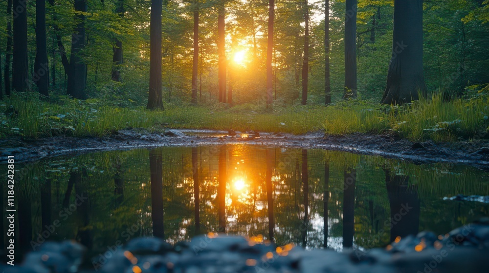 Golden sunset paints the forest, reflected in tranquil waters. Serene nature scene. Golden sunset paints the forest, reflected in tranquil waters. Serene nature scene.