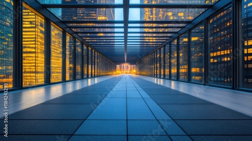 Evening Walkway in Business District with City Lights