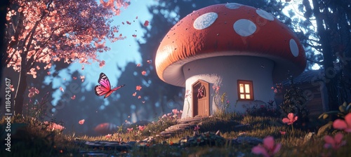 In a magical fantasy forest, an elf or gnome mushroom house with a window stands amidst a fabulous blooming rose garden, where butterflies fly under a mysterious blue sky, illuminated by the moon's photo