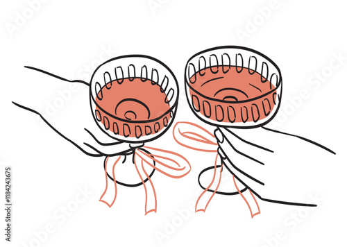 Cheers or drinking toast drawing. Glasses with martini in hands. Birthday party or bachelorette celebration with friends. Wine, champagne, prosecco, sangria cocktail vector cartoon illustration.