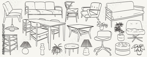 Set of outline interior design objects. Line armchair, couch, flower pot, lamp, table with different chairs. Sketch drawings of modern furniture in scandinavian minimalist wooden style. Vector graphic