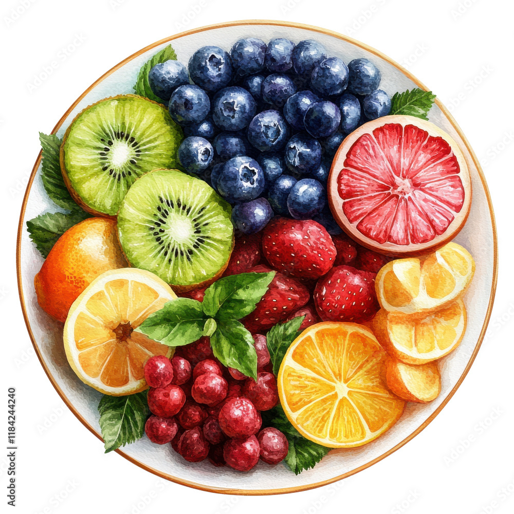 A vibrant assortment of fresh fruits arranged on a white plate, showcasing a colorful variety including berries, citrus, and kiwi. A vibrant assortment of fresh fruits arranged on a white plate, showcasing a colorful variety including berries, citrus, and kiwi.