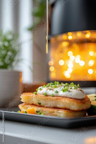 Delicious Latkes: Crispy Potato Pancakes Drizzled with Sour Cream and Garnished with Fresh Chives in a Cozy Culinary Setting photo