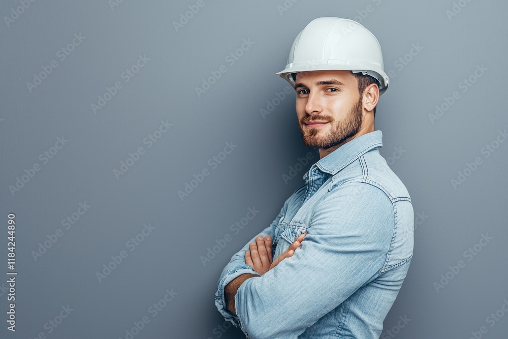 A clean-cut industrial engineer in a white helmet set against a pure white backdrop A clean-cut industrial engineer in a white helmet set against a pure white backdrop