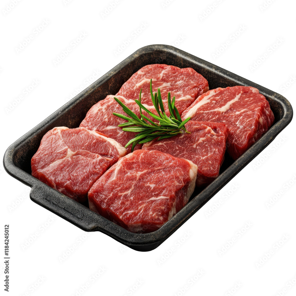 Fresh beef steaks arranged in a tray, garnished with a sprig of rosemary, ideal for culinary presentations and recipes. Fresh beef steaks arranged in a tray, garnished with a sprig of rosemary, ideal for culinary presentations and recipes.
